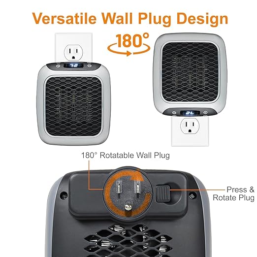 800W Convenient Wall Outlet Heater with Adjustable Thermostat Programmable 12 Hour Timer Auto Shut-Off - Mini Ceramic Heater Quiet and Space Saving